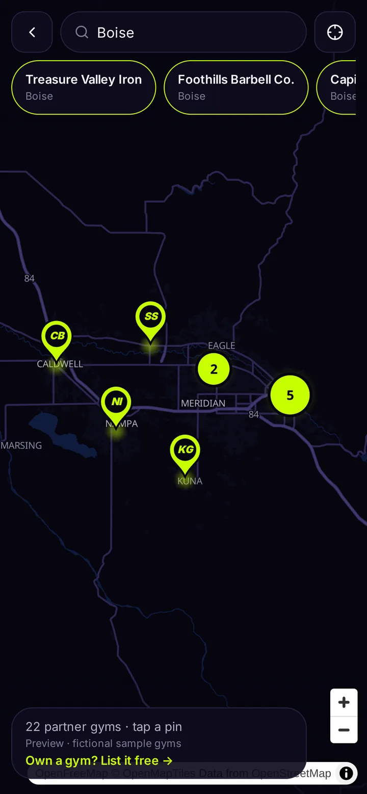 Partner gym map with pins across the Treasure Valley