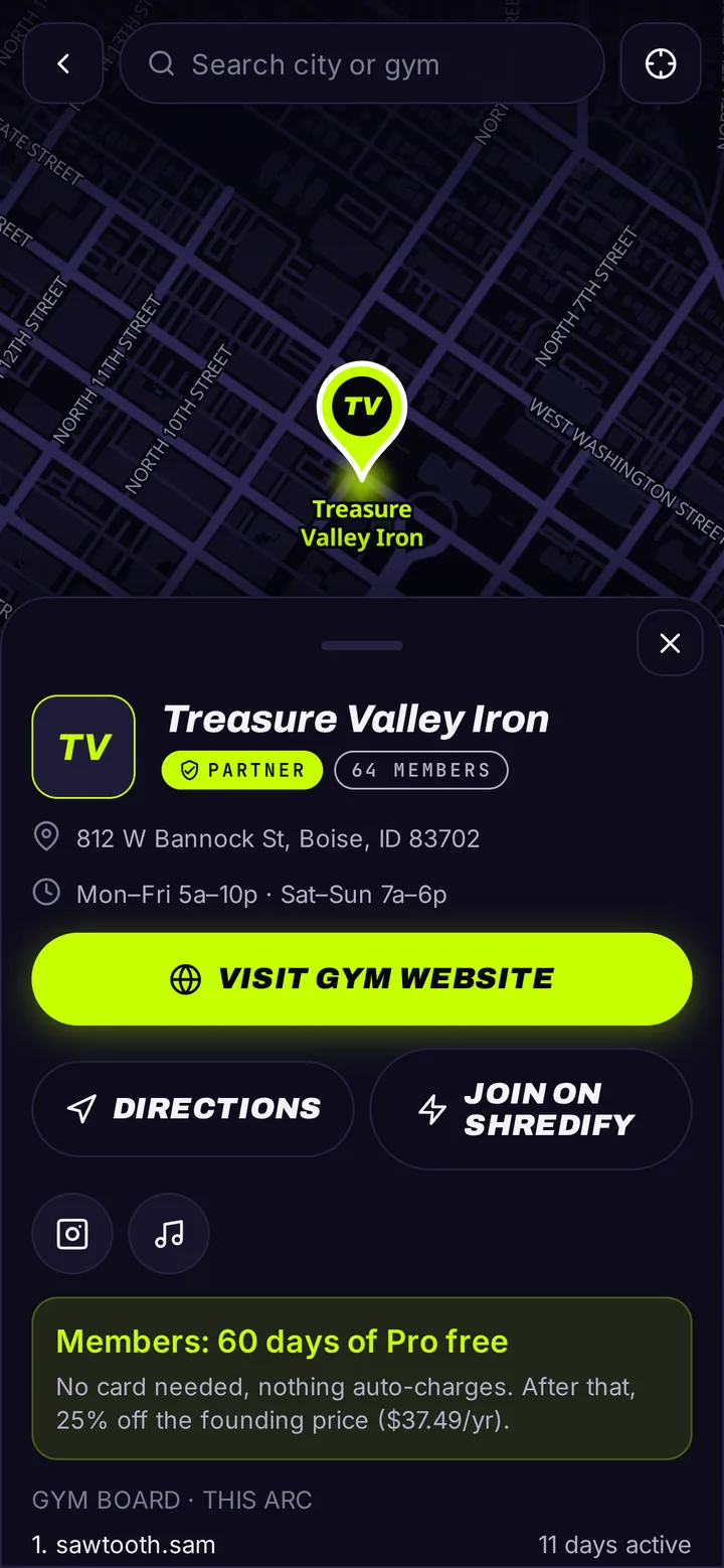 Partner gym card on the Shredify map